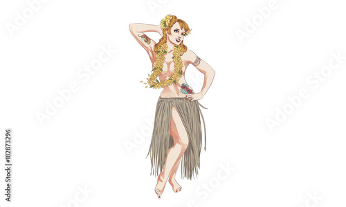 Concept of retro woman woman dancing in Hawaiian dress. Vintage hula girl dancing on the beach