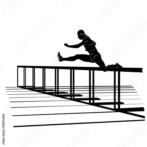Vector silhouette of running sportswoman jumping over hurdle. Female athlete on hurdle sprint race