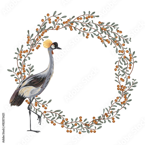 Wreath with crane bird and cranberry. Oriental motif. Vintage hand drawn vector illustration in watercolor style