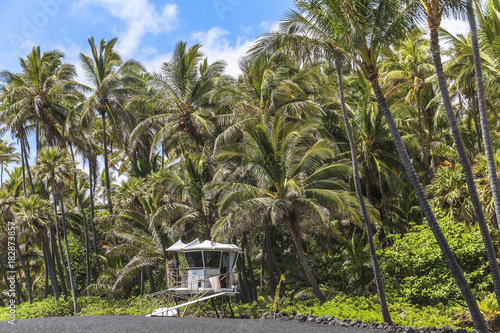 Black sand beach with lifeguard on Hawaii Big Island photo