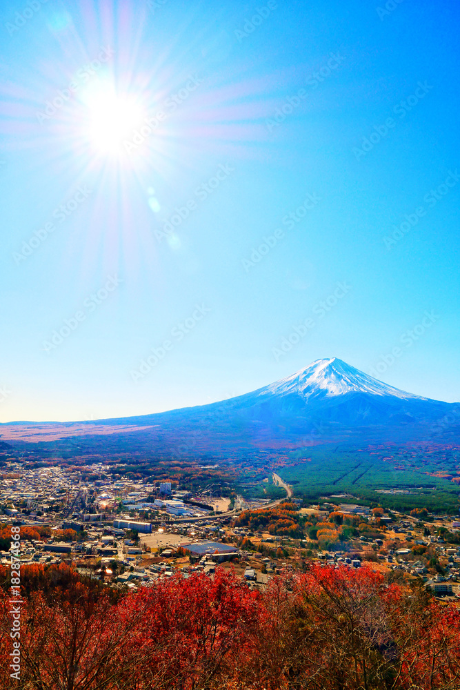 Fuji Mountain autumn sun blue sky