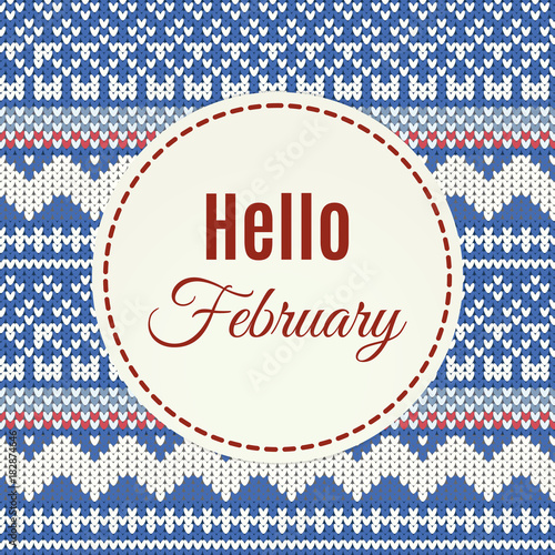 Hello February lettering on knitted background