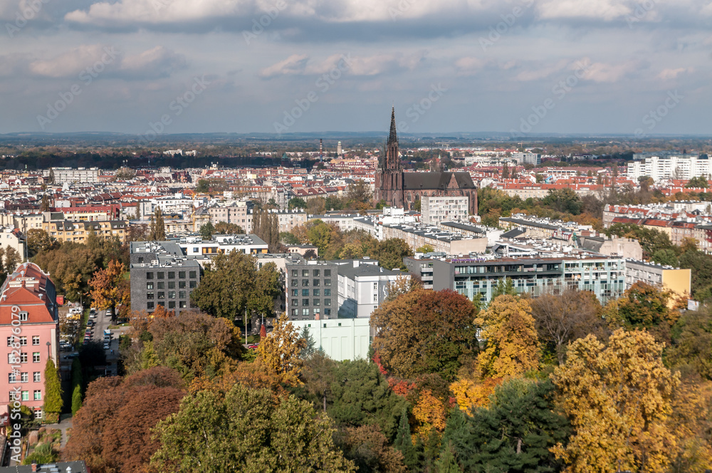 Fototapeta premium Wroclaw, Lower Silesia, Poland, October 15, 2017; View of Ostrow Tumski district in Wroclaw from Cathedra Tower 