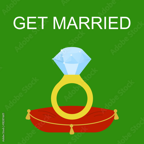 Flat simple image with wedding ring, sparkles on green background. Vector illustration of wedding card with text 