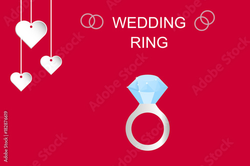 Flat simple image with wedding ring, hearts, sparkles on pink background. Vector illustration of wedding card with text 