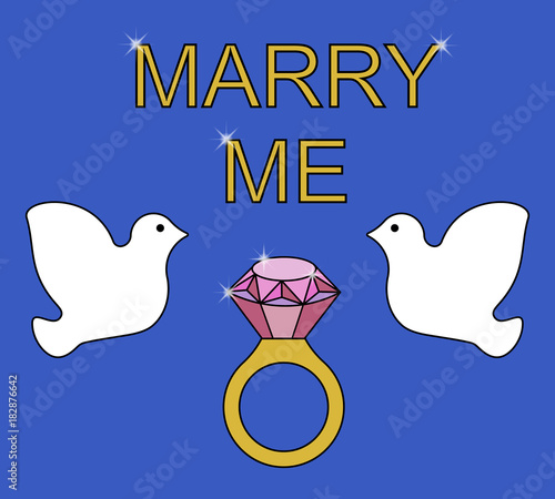 Flat simple image with wedding rings, pigeons, sparkles on blue background. Vector illustration of wedding card with text 