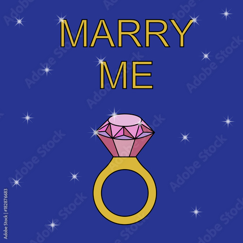 Flat simple image with wedding rings, sparkles on blue background. Vector illustration of wedding card with text 