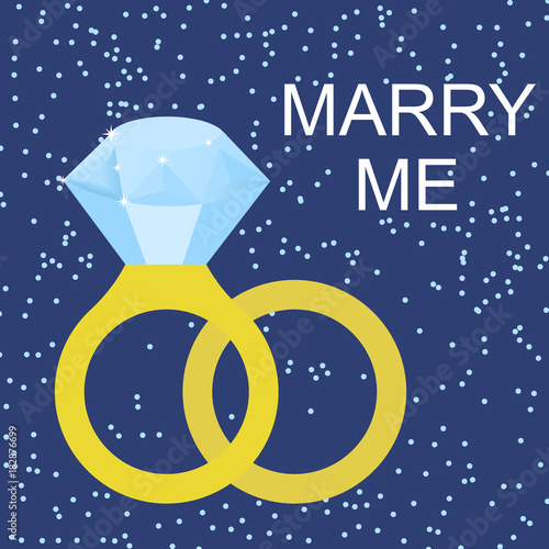 Flat simple image with wedding rings, pigeons, snowflakes, sparkles on blue background. Vector illustration of wedding card with text 