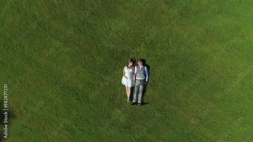 AERIAL TOP DOWN: Happy young couple laying in grass on summer day. Man and wife newlyweds relaxing in sunny park after wedding. Young man and pregnant woman lying and holding hands, expecting a baby AERIAL TOP DOWN: Happy young couple laying in grass on summer day. Man and wife newlyweds relaxing in sunny park after wedding. Young man and pregnant woman lying and holding hands, expecting a baby
