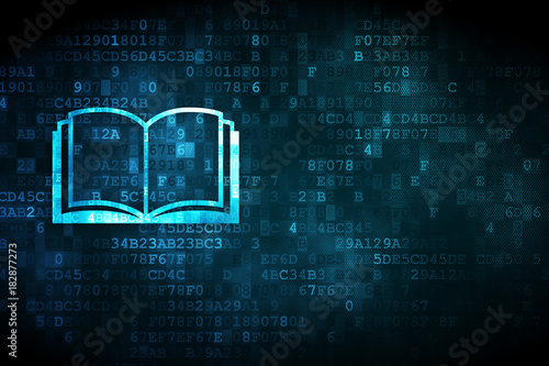 Learning concept: pixelated Book icon on digital background, empty copyspace for card, text, advertising