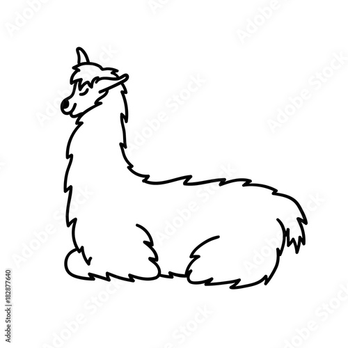 Vector illustration of cute character south America lama with decorations. Isolated outline cartoon baby llama. Hand drawn Peru animal guanaco, alpaca, vicuna. Drawing for print, fabric.