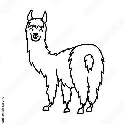 Vector illustration of cute character south America lama with decorations. Isolated outline cartoon baby llama. Hand drawn Peru animal guanaco, alpaca, vicuna. Drawing for print, fabric.