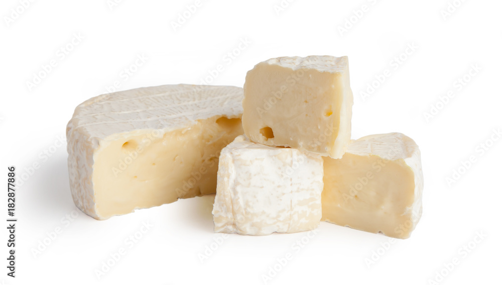 Brie cheesecakes, trisubbles, slices. Fresh cheese, Camemberttes. Isolated on white background.