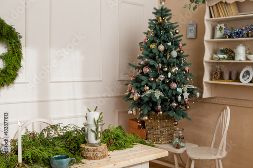 Christmas party table with branches of eve in living room © Olga Ev