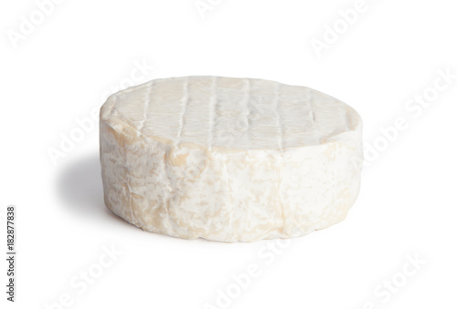 Brie type of cheese. Camembert cheese. Fresh Brie cheese. French cheese. Isolated on a white background.