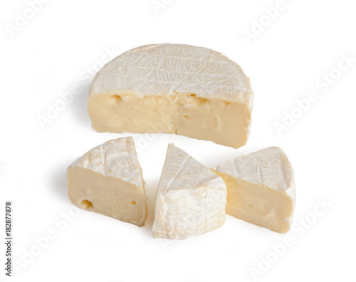 Brie cheesecakes, trisubbles, slices. Fresh cheese, Camemberttes. Isolated on white background.