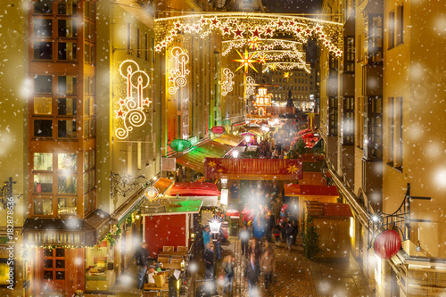 Decorated and illuminated Christmas street at night in Dresden  Saxony  Germany