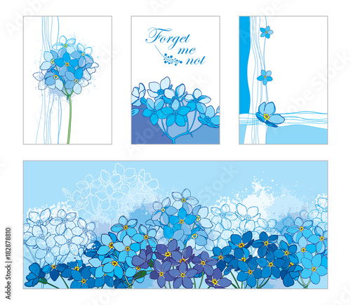 Vector card with outline Forget me not or Myosotis bunch in pastel blue. Floral templates in blue with contour Forget-me-not flower for spring design, romantic decor, greeting, postcard, invitation.