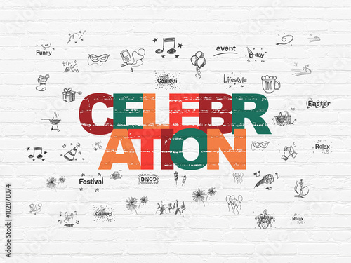 Holiday concept  Painted multicolor text Celebration on White Brick wall background with  Hand Drawn Holiday Icons