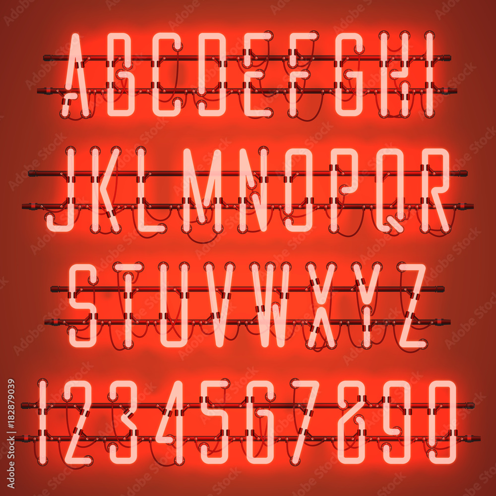 Glowing Orange Neon Casual Script Font with uppercase letters from A to Z and digits from 0 to 9 with wires, tubes, brackets and holders. Shining and glowing neon effect. Vector illustration. Glowing Orange Neon Casual Script Font with uppercase letters from A to Z and digits from 0 to 9 with wires, tubes, brackets and holders. Shining and glowing neon effect. Vector illustration.