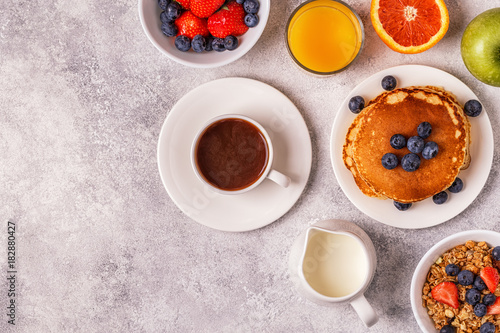 Delicious breakfast on a light table.