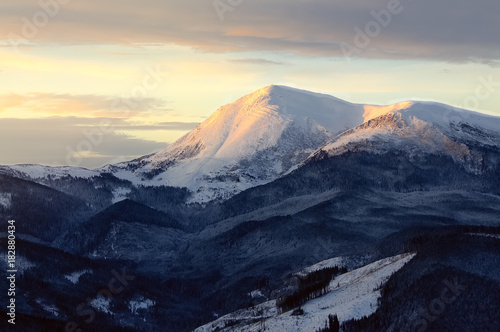 Mountain landscape with soft colors at sunrise. Mount Petros, Carpathians, Ukraine
