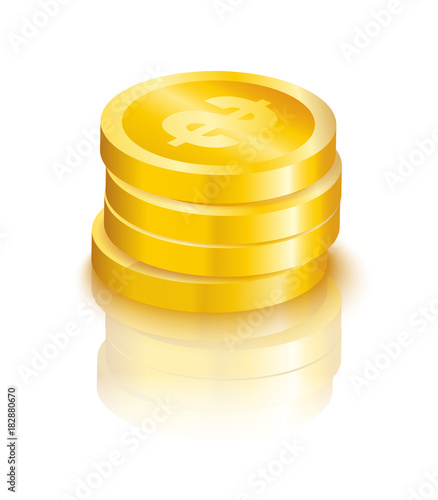Vector shiny gold coins stack with dollar sign with reflection and shadow isolated on white background