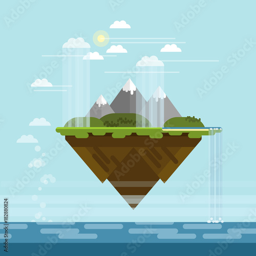 Vector flat design floating island with mountains, hills, waterfall to the sea and rainy clouds