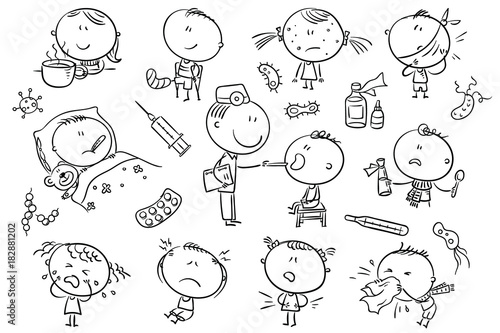 Kids Feeling Unwell, black and white outline