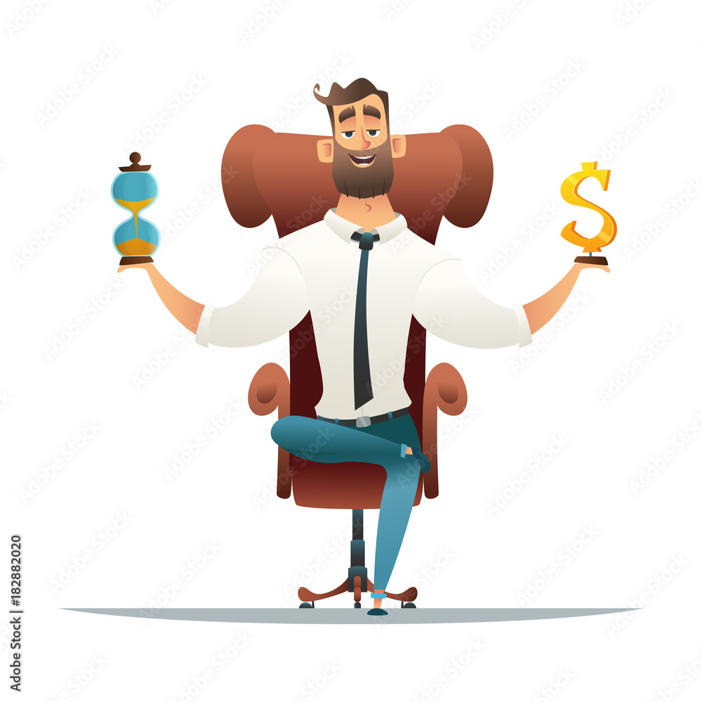 Business concept. Balance with time and money. Businessman sitting on armchair.Cartoon style vector illustration. Business concept. Balance with time and money. Businessman sitting on armchair.Cartoon style vector illustration.