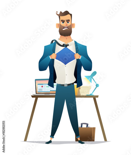 Young businessman acting like a super hero and tearing his shirt on workplace