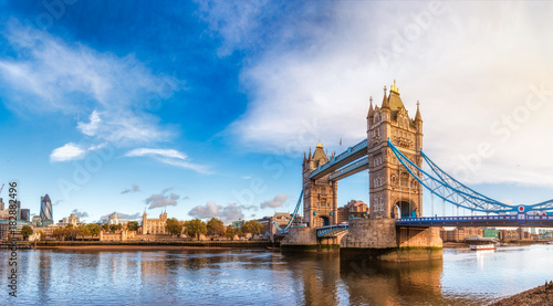 London cityscape panorama with River Thames Tower Bridge and Tower of London in the morning light