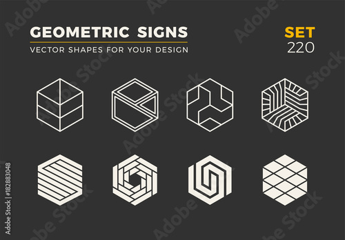 Set of eight minimalistic trendy shapes. Stylish vector logo emblems for Your design. Simple  geometric signs collection.