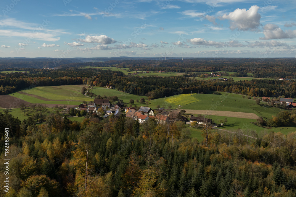 Aerial view of village in German countryside