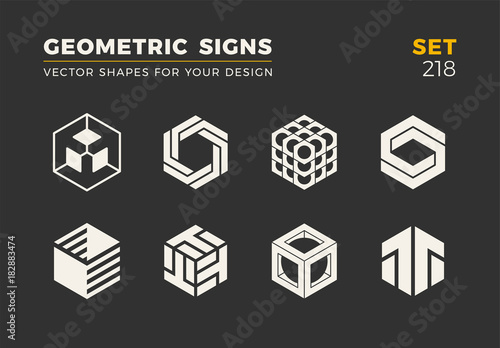 Set of eight minimalistic trendy shapes. Stylish vector logo emblems for Your design. Simple  geometric signs collection.