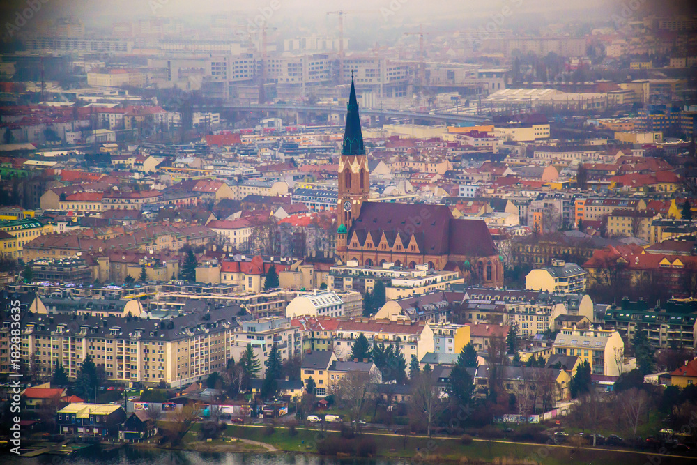 Vienna, Austria December 31, 2013: A view from the Dunav Tower in Vienna. There is a huge fog and panorama of the city.