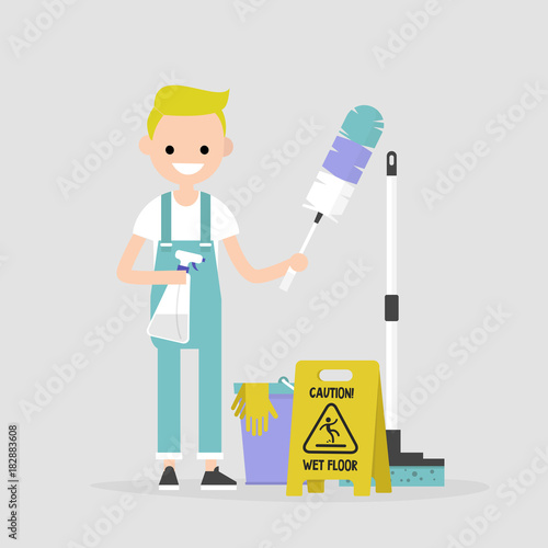 Cleaning the apartment, conceptual illustration. Young character holding the cleaning tools: a feather duster and a cleaning spray / flat editable vector illustration, clip art