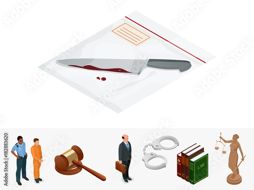 Isometric knife, evidence in a transparent package. Crime scene investigation collecting evidence. Vector illustration