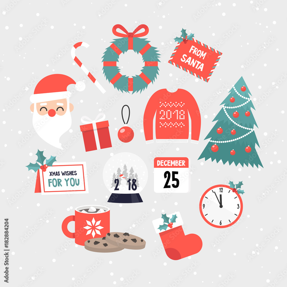 Christmas collection of icons. Seasonal holidays: Xmas and New Year. Set of stickers. Red, green and white colours. Flat editable vector illustration, clip art