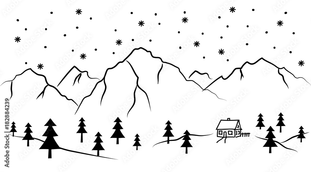 snowy mountain and house - black and white vector illustration
