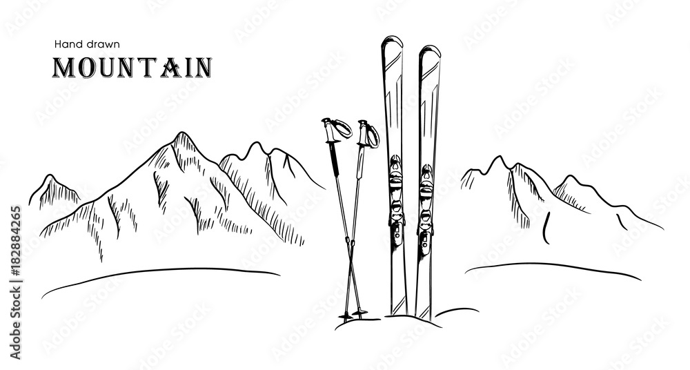 Naklejka premium Ręcznie rysowane ilustracja wektorowa graficzny czarno-biały krajobraz góry i narty