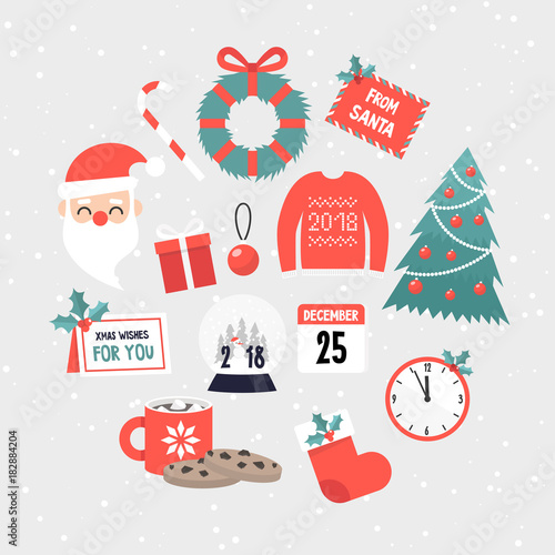 Christmas collection of icons. Seasonal holidays  Xmas and New Year. Set of stickers. Red  green and white colours. Flat editable vector illustration  clip art