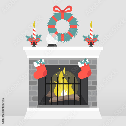 Christmas interior. Decorated fireplace. Candles. Crystal ball. Winter seasonal decor. Flat vector illustration, clip art