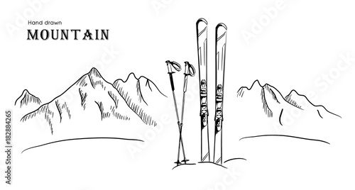 Hand drawn Mountain and ski graphic black white landscape vector illustration