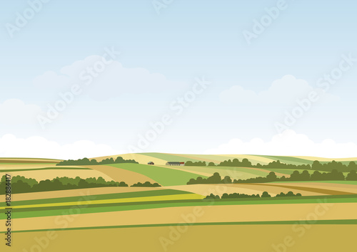Green hill landscape. Vector illustration of panorama field landscape and cloud sky
