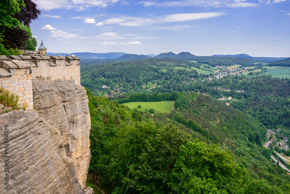 The German village of Hutten. Saxon Switzerland, Germany. View from the fortress Koenigstein. Fortress wall of the fortre