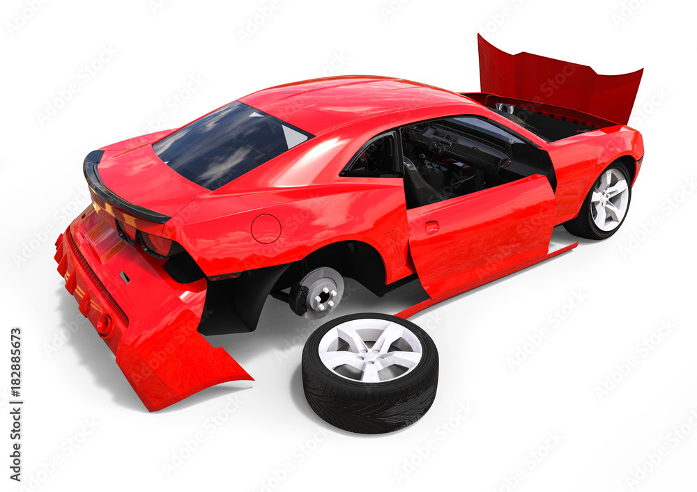 Car parts  / 3D render image representing an car body made of parts 