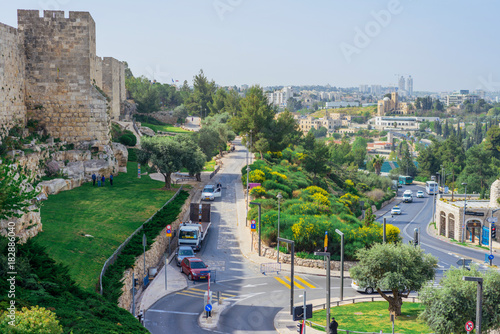 JERUSALEM, ISRAEL - APRIL 2017: Jerusalem modern quarter near old city area. Jerusalem, Israel