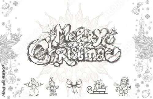 Merry Christmas hand drawn inscription and decorative design elements for greeting cards, posters and other items.