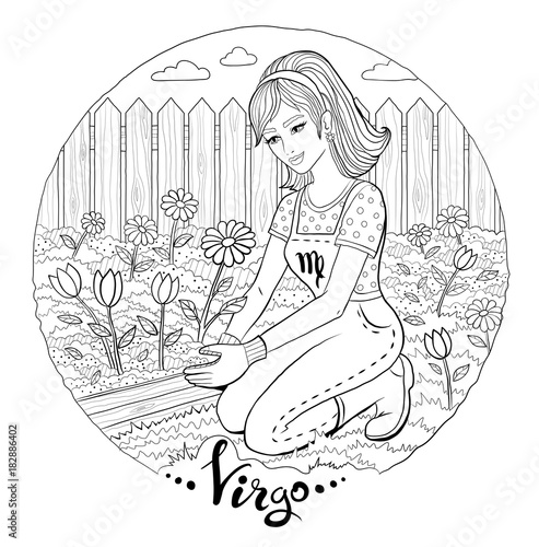 Virgo zodiac sign with woman working in garden.